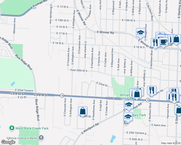 map of restaurants, bars, coffee shops, grocery stores, and more near 2013 South Hawthorne Avenue in Independence