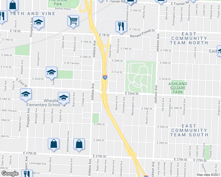 map of restaurants, bars, coffee shops, grocery stores, and more near 2231 Askew Avenue in Kansas City