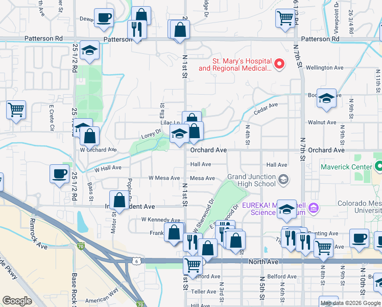 map of restaurants, bars, coffee shops, grocery stores, and more near 111 Orchard Avenue in Grand Junction