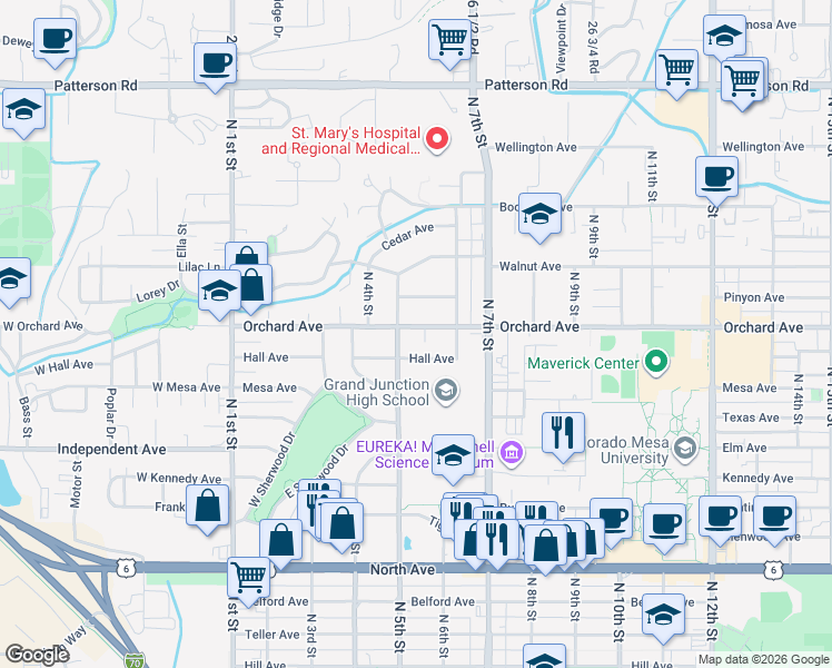 map of restaurants, bars, coffee shops, grocery stores, and more near 510 Hall Avenue in Grand Junction