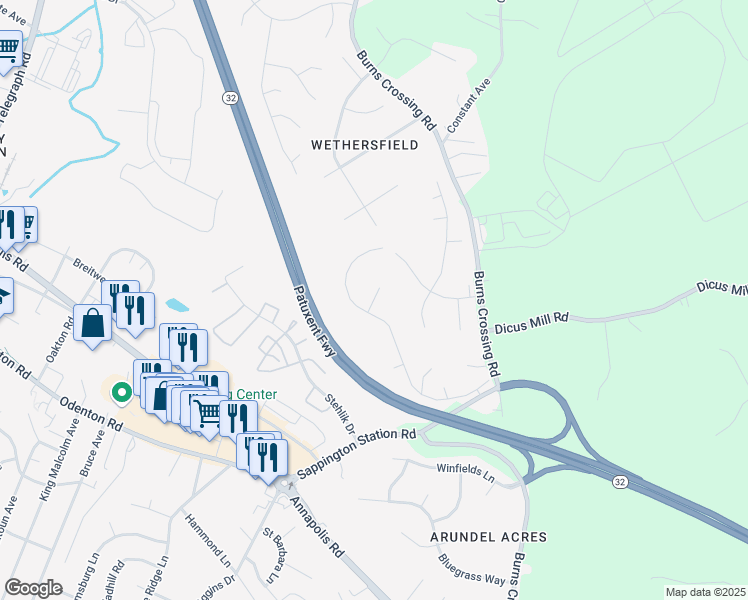map of restaurants, bars, coffee shops, grocery stores, and more near Otto Ln in Severn