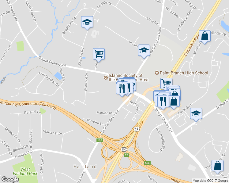 map of restaurants, bars, coffee shops, grocery stores, and more near 2805 Briggs Chaney Road in Silver Spring