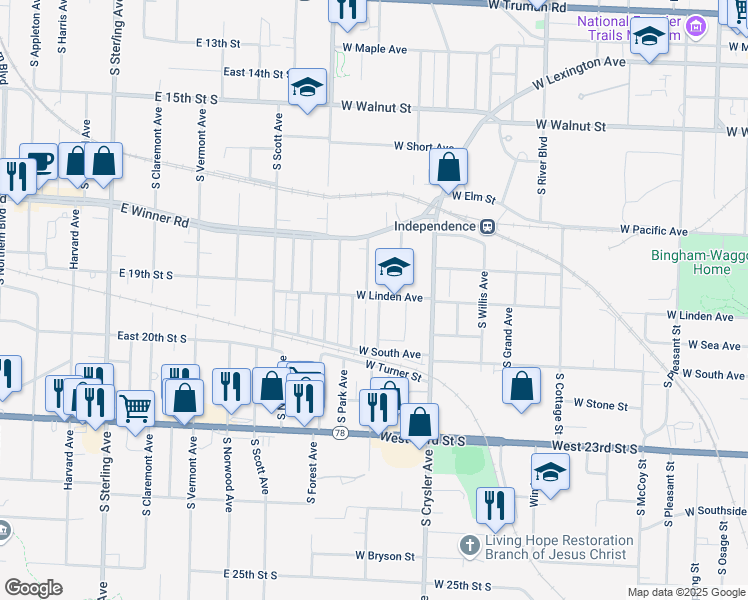 map of restaurants, bars, coffee shops, grocery stores, and more near 1403 West Linden Avenue in Independence