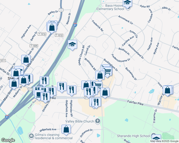 map of restaurants, bars, coffee shops, grocery stores, and more near 120 Stella Court in Stephens City