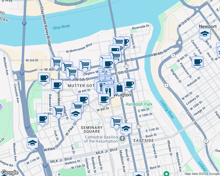 map of restaurants, bars, coffee shops, grocery stores, and more near 29 East Pike Street in Covington