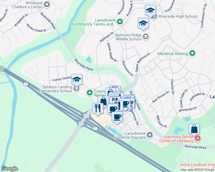 map of restaurants, bars, coffee shops, grocery stores, and more near 19197 Sweig Terrace in Leesburg