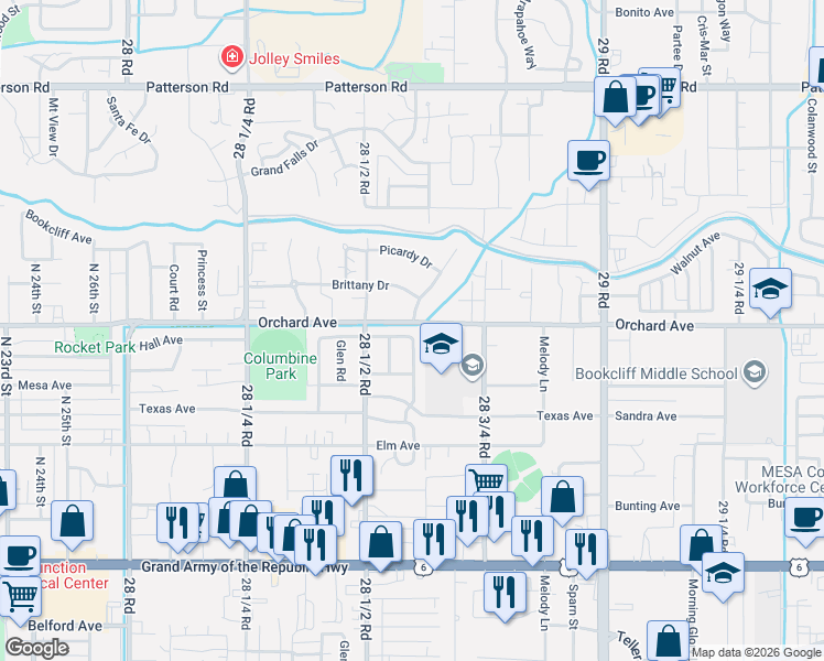 map of restaurants, bars, coffee shops, grocery stores, and more near 2860 1/2 Hall Avenue in Grand Junction