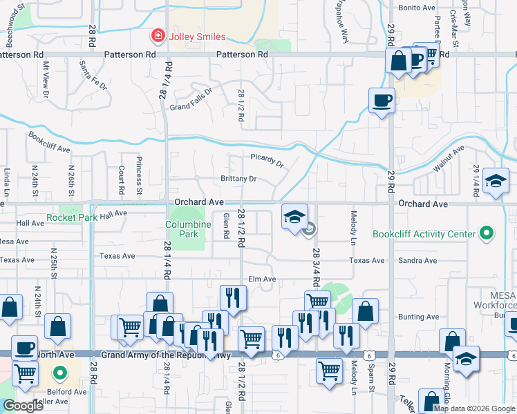 map of restaurants, bars, coffee shops, grocery stores, and more near 546-548 Wasatch Street in Grand Junction