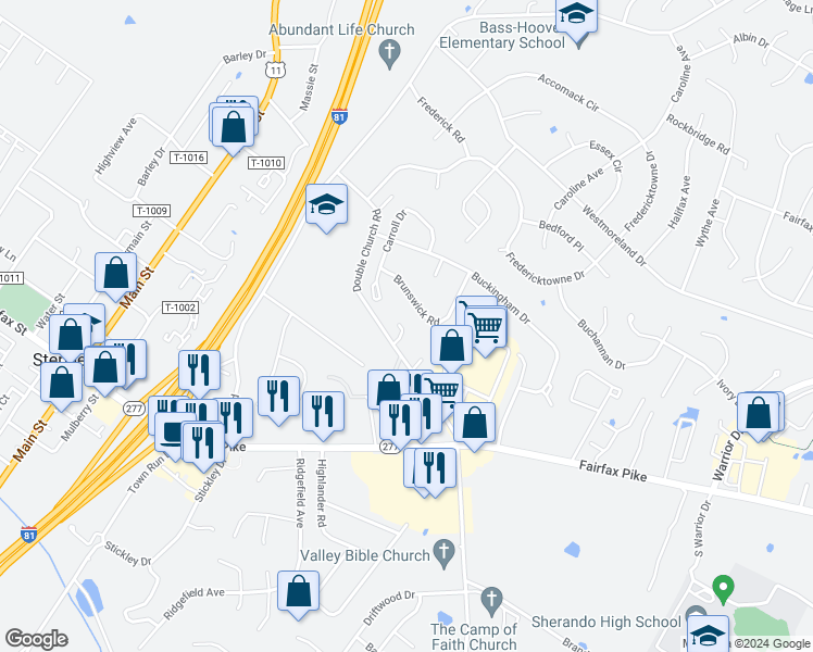 map of restaurants, bars, coffee shops, grocery stores, and more near 120 Stella Court in Stephens City