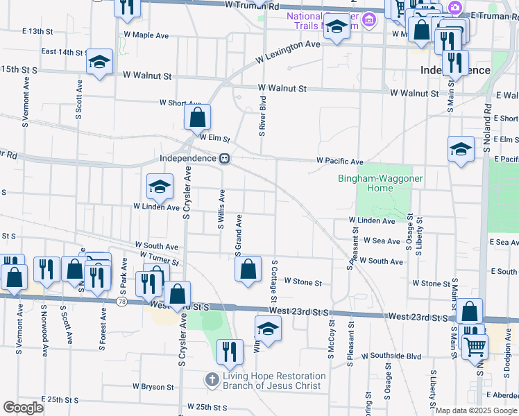 map of restaurants, bars, coffee shops, grocery stores, and more near 1005 West Linden Avenue in Independence