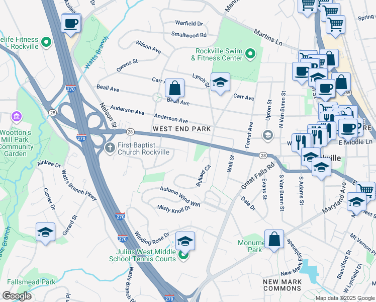 map of restaurants, bars, coffee shops, grocery stores, and more near Henson Oaks Lane in Rockville