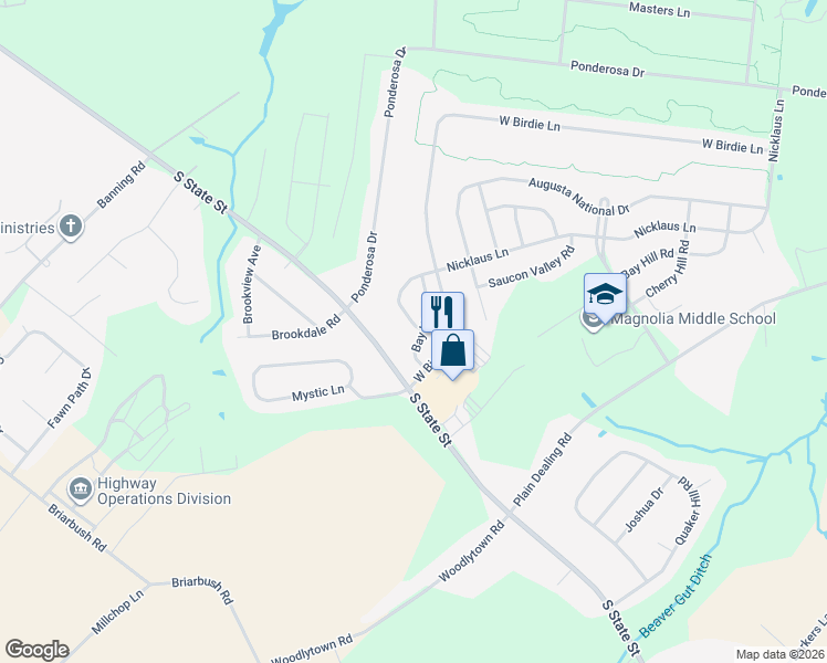 map of restaurants, bars, coffee shops, grocery stores, and more near 65 Bay Hill Lane in Magnolia