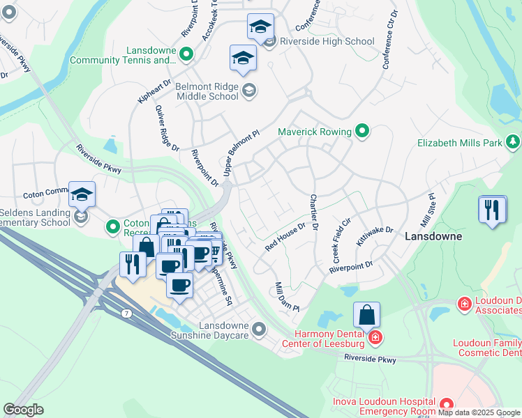 map of restaurants, bars, coffee shops, grocery stores, and more near 19196 Greystone Square in Leesburg