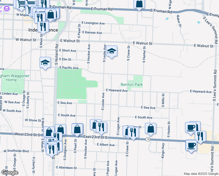 map of restaurants, bars, coffee shops, grocery stores, and more near 803 South Pope Avenue in Independence