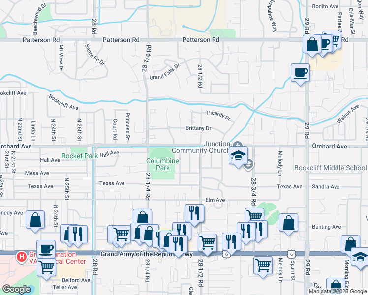 map of restaurants, bars, coffee shops, grocery stores, and more near 549 Willow Road in Grand Junction