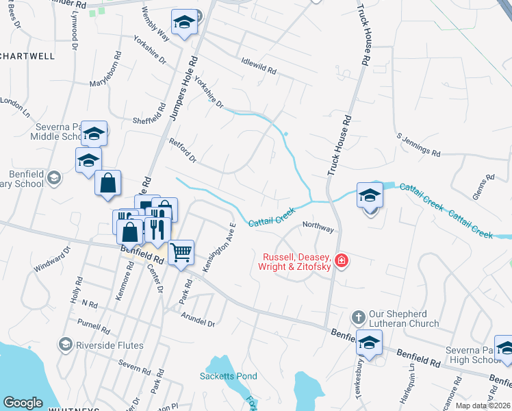 map of restaurants, bars, coffee shops, grocery stores, and more near 518 Windham Court in Severna Park