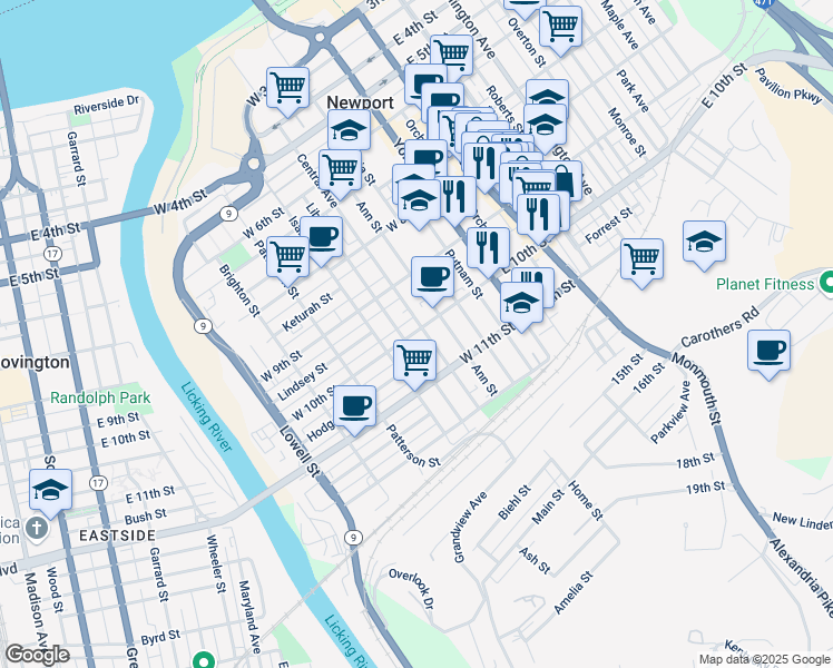 map of restaurants, bars, coffee shops, grocery stores, and more near 1017 Liberty Street in Newport