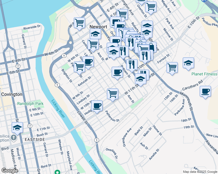 map of restaurants, bars, coffee shops, grocery stores, and more near 1017 Liberty Street in Newport