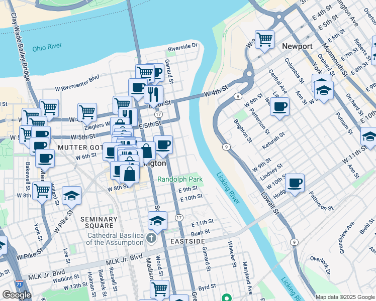 map of restaurants, bars, coffee shops, grocery stores, and more near 703 Garrard Street in Covington