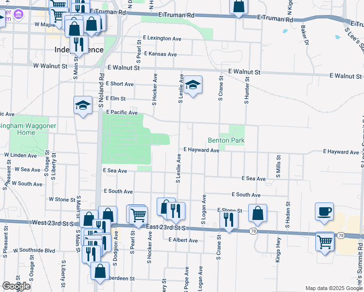 map of restaurants, bars, coffee shops, grocery stores, and more near 804 South Leslie Avenue in Independence