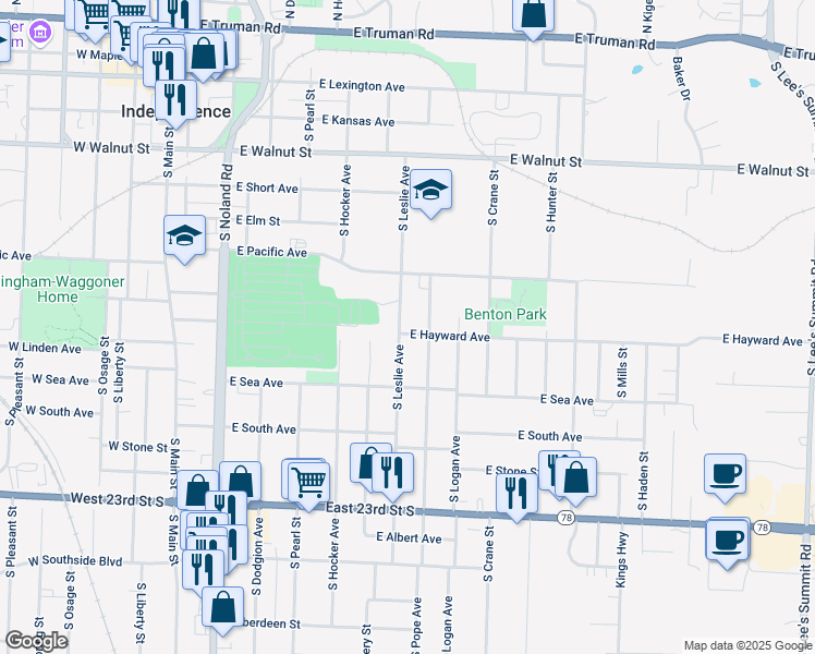 map of restaurants, bars, coffee shops, grocery stores, and more near 804 South Leslie Avenue in Independence