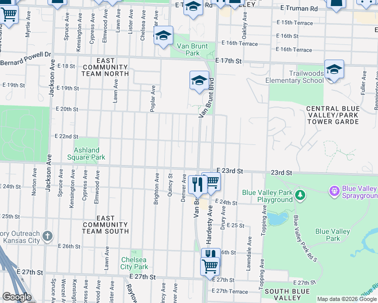 map of restaurants, bars, coffee shops, grocery stores, and more near 2232 Denver Avenue in Kansas City