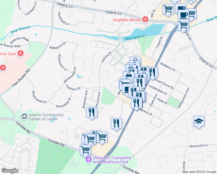 map of restaurants, bars, coffee shops, grocery stores, and more near 14002 Justin Way in Laurel