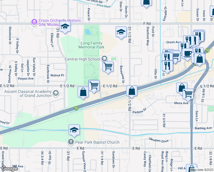 map of restaurants, bars, coffee shops, grocery stores, and more near 3130 East 1/2 Road in Grand Junction