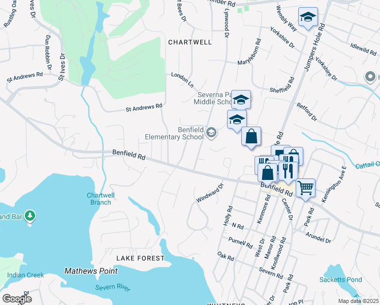 map of restaurants, bars, coffee shops, grocery stores, and more near 439 Lakeland Road North in Severna Park