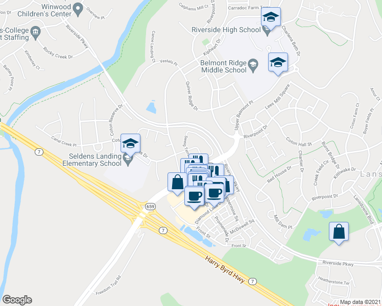 map of restaurants, bars, coffee shops, grocery stores, and more near 19198 Sweig Terrace in Leesburg