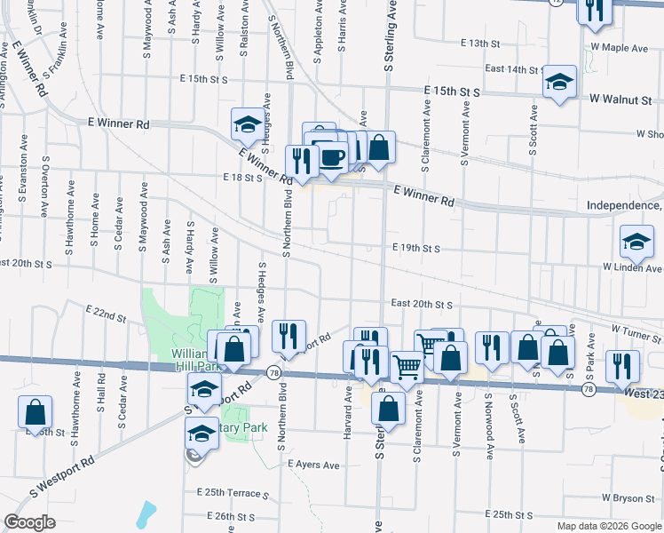 map of restaurants, bars, coffee shops, grocery stores, and more near 1907 South Harris Avenue in Independence