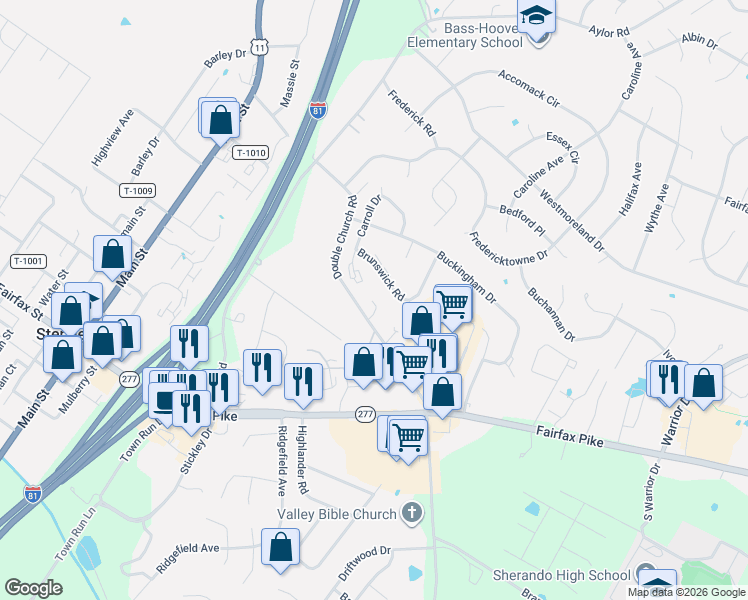 map of restaurants, bars, coffee shops, grocery stores, and more near 319 Double Church Road in Stephens City