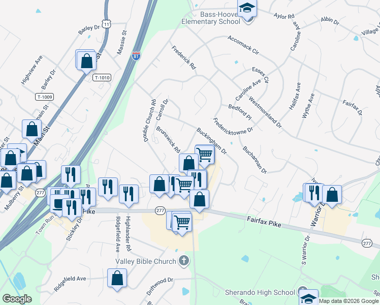 map of restaurants, bars, coffee shops, grocery stores, and more near 129 Brunswick Road in Stephens City