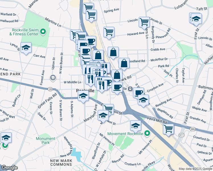 map of restaurants, bars, coffee shops, grocery stores, and more near 198 East Montgomery Avenue in Rockville