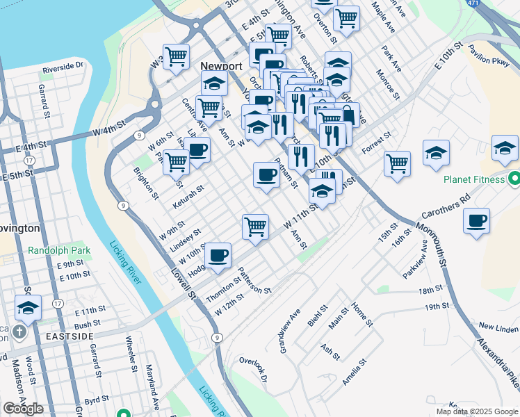 map of restaurants, bars, coffee shops, grocery stores, and more near 1017 Liberty Street in Newport