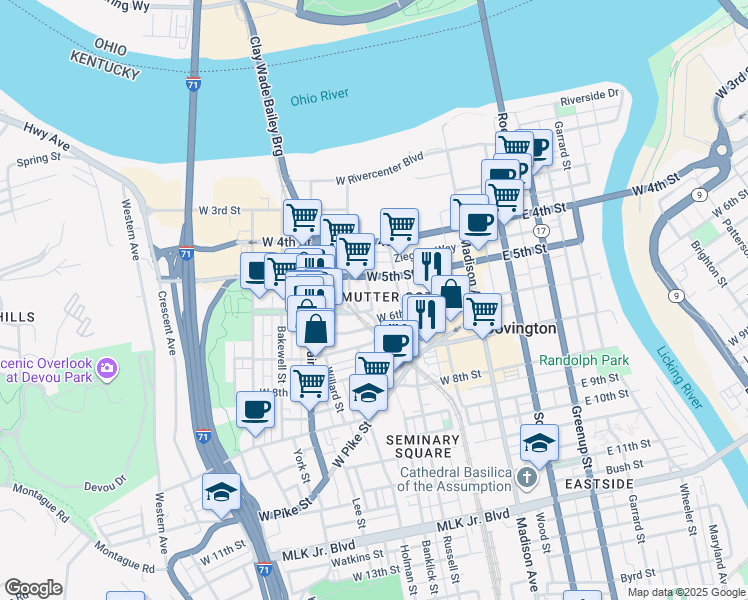 map of restaurants, bars, coffee shops, grocery stores, and more near 225 West 6th Street in Covington