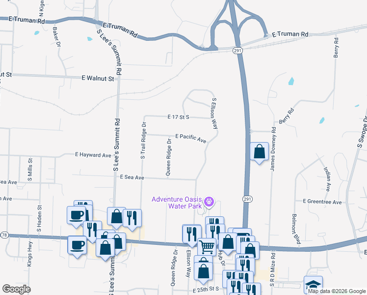 map of restaurants, bars, coffee shops, grocery stores, and more near 819 Queen Ridge Drive in Independence