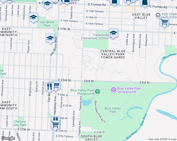 map of restaurants, bars, coffee shops, grocery stores, and more near 6100 East 23rd Street in Kansas City