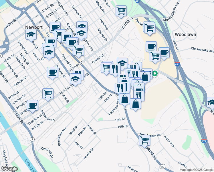 map of restaurants, bars, coffee shops, grocery stores, and more near in Newport