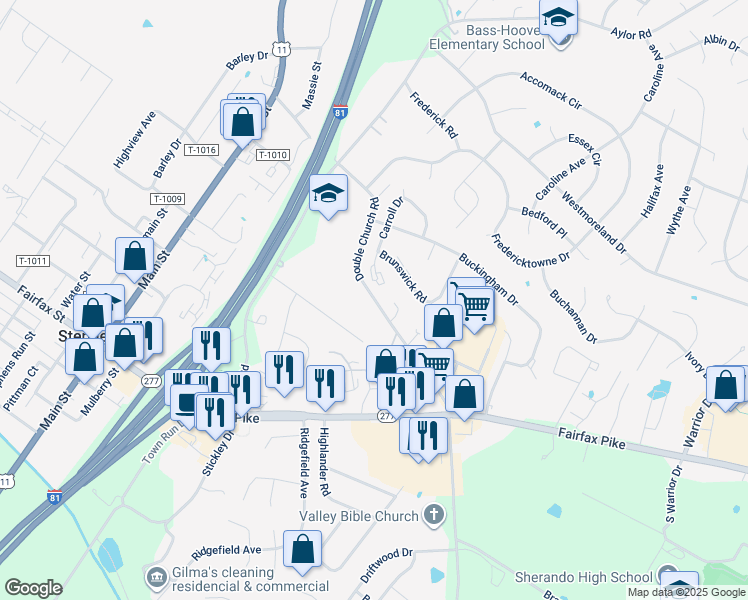 map of restaurants, bars, coffee shops, grocery stores, and more near Double Church Road in Stephens City
