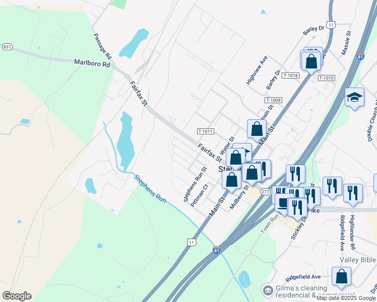 map of restaurants, bars, coffee shops, grocery stores, and more near 210 Shoe Buckle Court in Stephens City