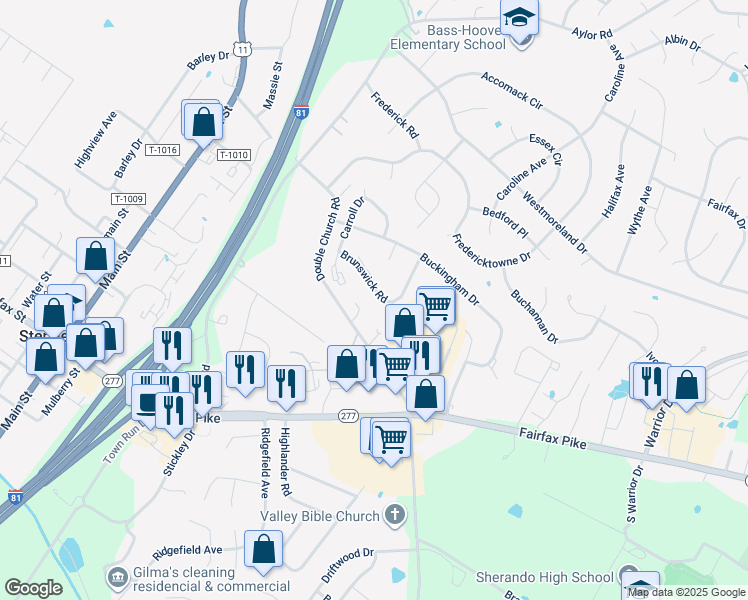 map of restaurants, bars, coffee shops, grocery stores, and more near 205 Brunswick Road in Stephens City