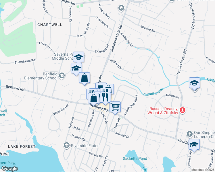 map of restaurants, bars, coffee shops, grocery stores, and more near 469 Jumpers Hole Road in Severna Park