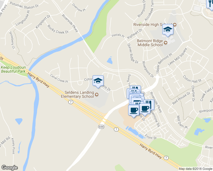map of restaurants, bars, coffee shops, grocery stores, and more near 43370 Coton Commons Drive in Leesburg