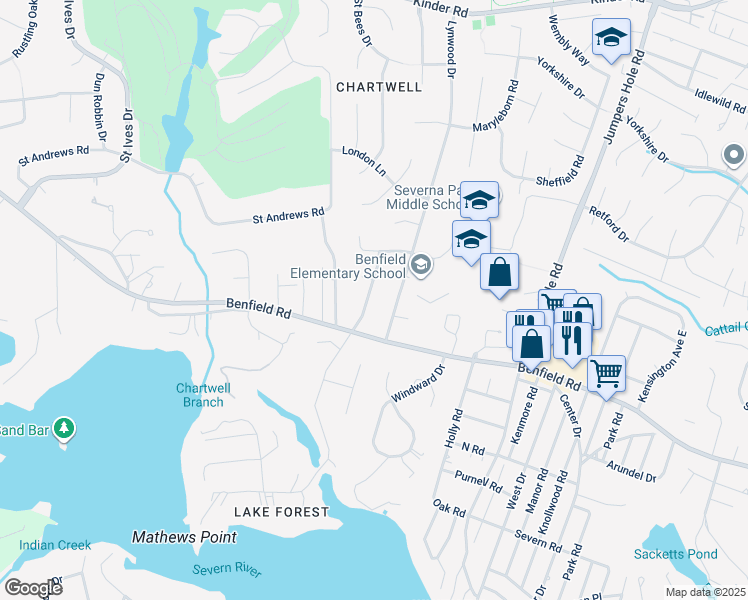map of restaurants, bars, coffee shops, grocery stores, and more near 439 Lakeland Road North in Severna Park
