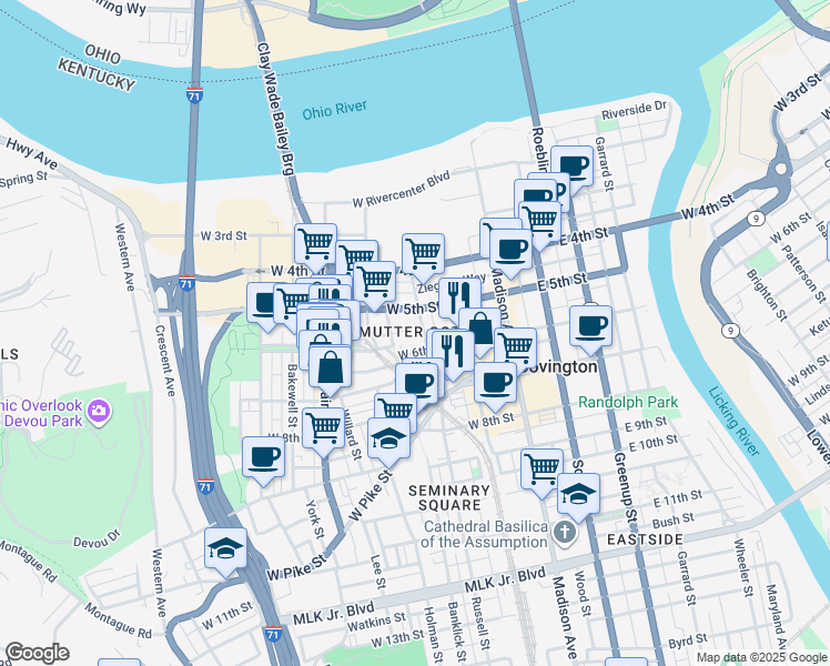 map of restaurants, bars, coffee shops, grocery stores, and more near 225 West 6th Street in Covington