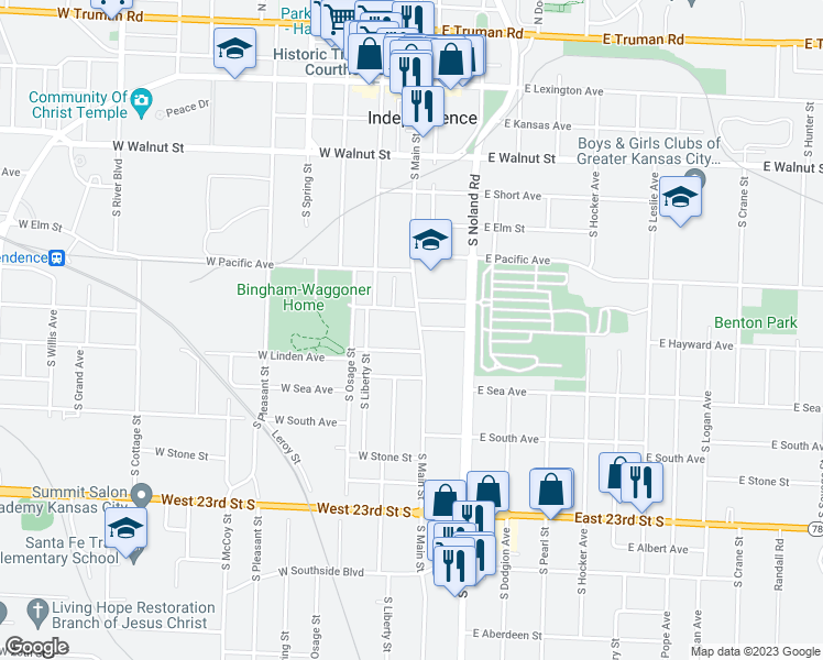 map of restaurants, bars, coffee shops, grocery stores, and more near 111 West Linden Avenue in Independence