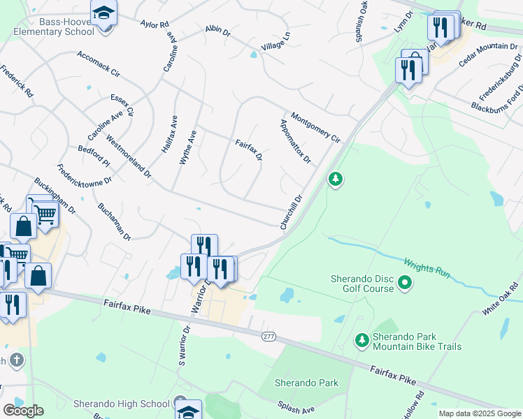 map of restaurants, bars, coffee shops, grocery stores, and more near 111 Montgomery Circle in Stephens City