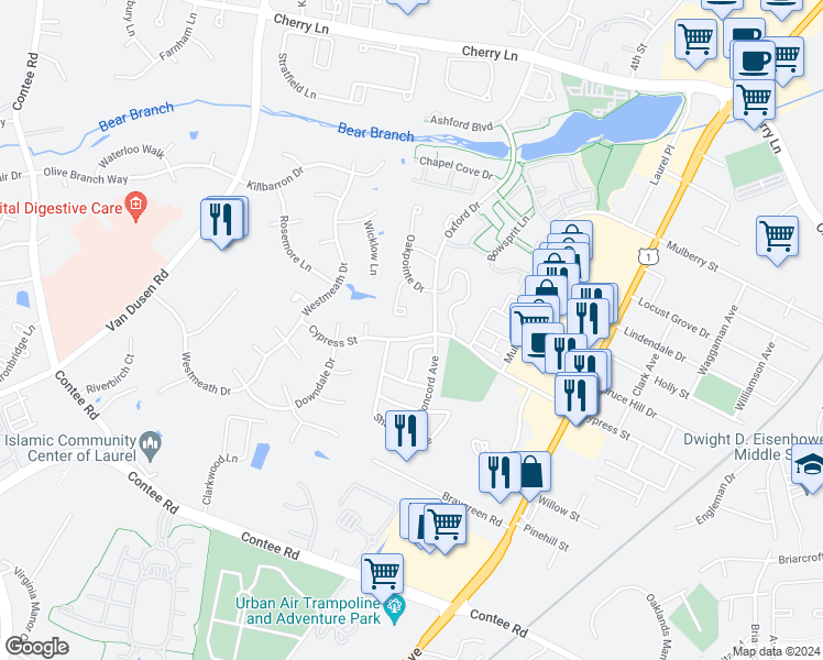 map of restaurants, bars, coffee shops, grocery stores, and more near 7728 Cypress Street in Laurel