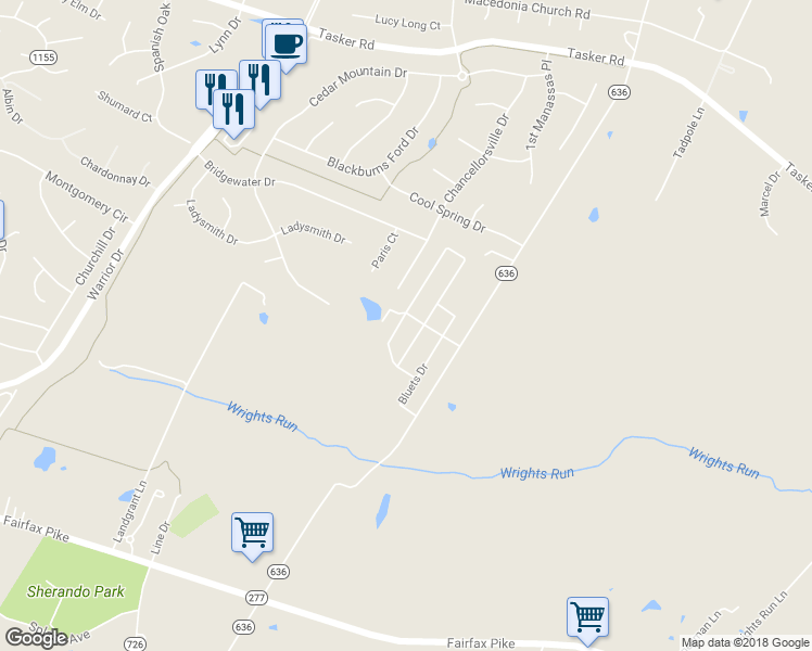 map of restaurants, bars, coffee shops, grocery stores, and more near 103 Bleeding Heart Drive in White Post